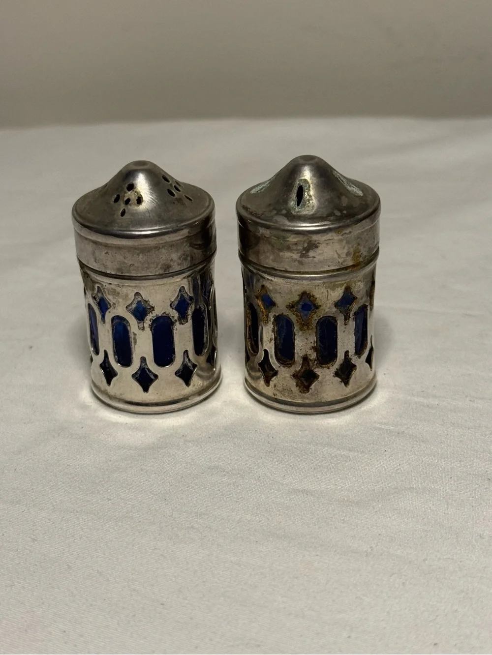 Vintage Silver & Cobalt Blue Glass Salt Pepper Shaker Set Filigree Design 1980's